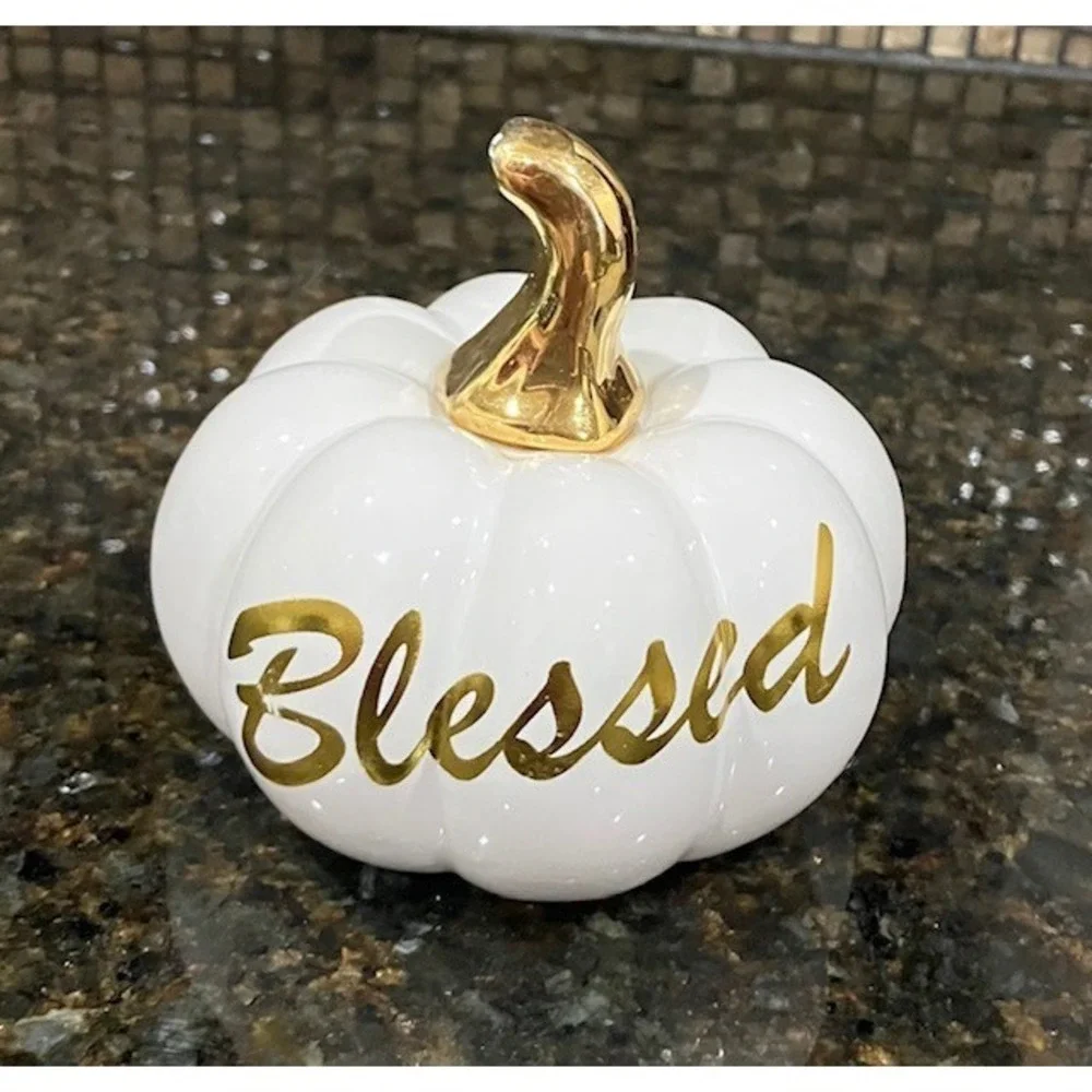 Fall Pumpkins Set of 3 White Ceramic with Gold Script Blessed Grateful Thankful